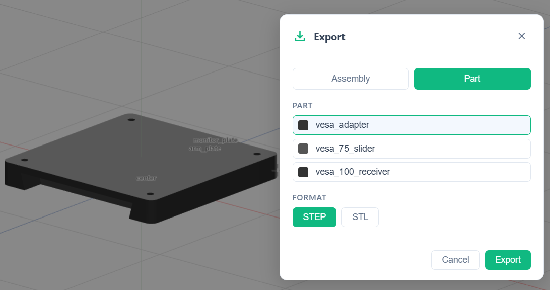 CAD export dialog