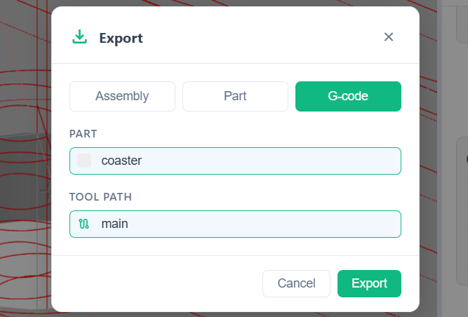 The export dialog with the G-code tab selected, showing the part and tool path picker