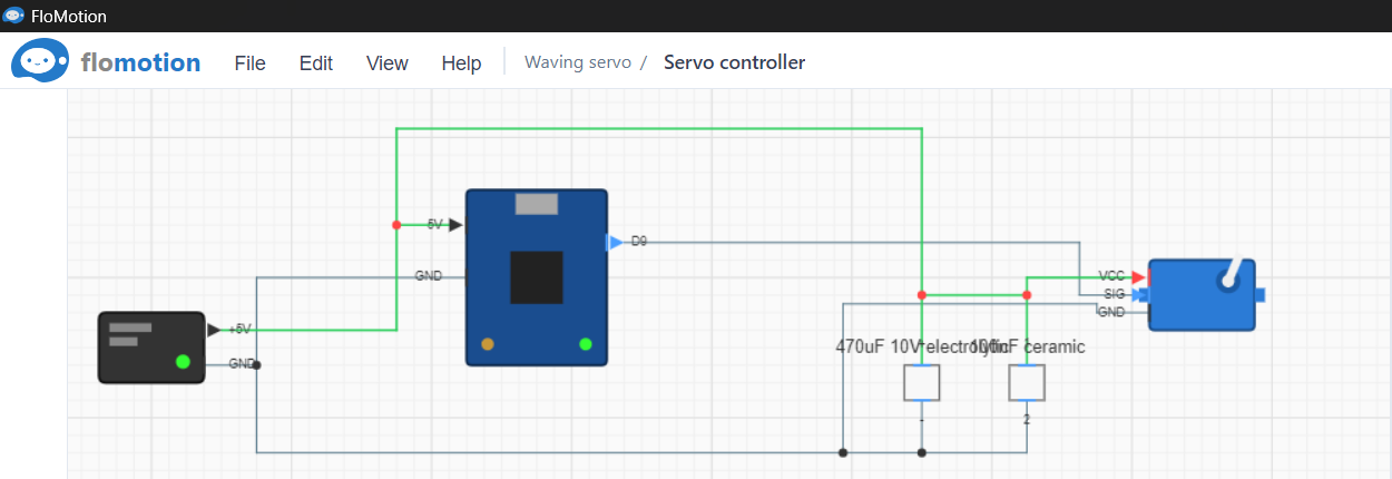 The desktop window while an external agent runs a circuit simulation it just built. The Nano, servo and supply were created through the command line, not the chat panel.