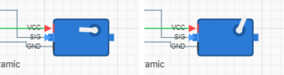 Two frames of the live simulation a second apart. The servo horn follows the pulse width the microcontroller model generates.