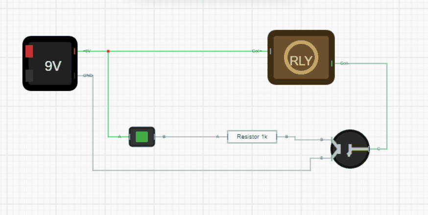 A 9V supply driving a relay coil through a transistor with no base resistor, and the transistor failing