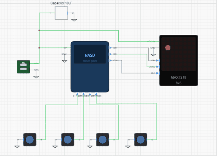 An 8x8 MAX7219 matrix driven by a microcontroller, with four pushbuttons moving the lit pixel