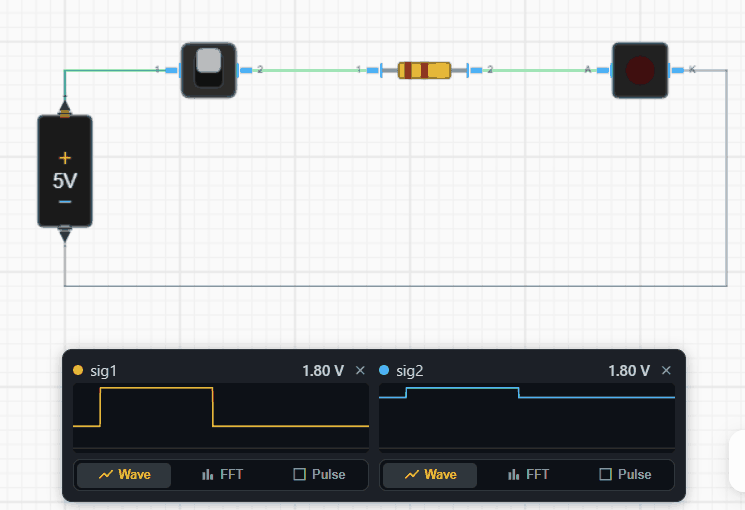 A 5V supply, switch, resistor and LED, with two probes showing the supply rail and the LED forward voltage