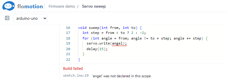 The same sketch with angle mistyped as angel on line 19. The build fails, the error names the file and line, and the editor underlines the word.
