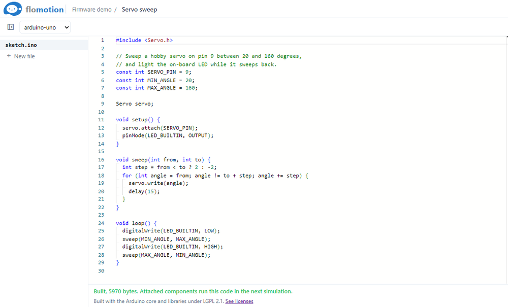 The codebase page with the servo sweep sketch for the Uno, after a successful build. The file list is on the left and the board picker above the editor; the build result sits below it.