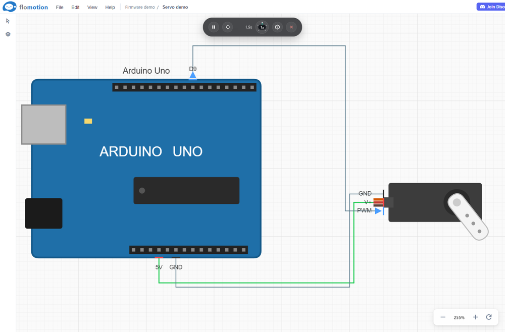 The Uno running the sketch, 1.9 seconds into the simulation. The horn is mid-sweep, following the pulses the compiled program generates on D9.