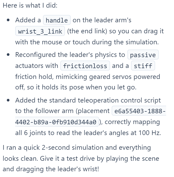 The agent's reply after setting up the rig