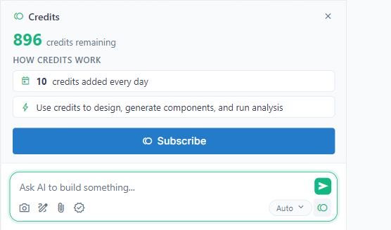 The Credits panel opened from the credits button in the chat box: 896 credits remaining, 10 credits added every day, what credits are used for, and a Subscribe button