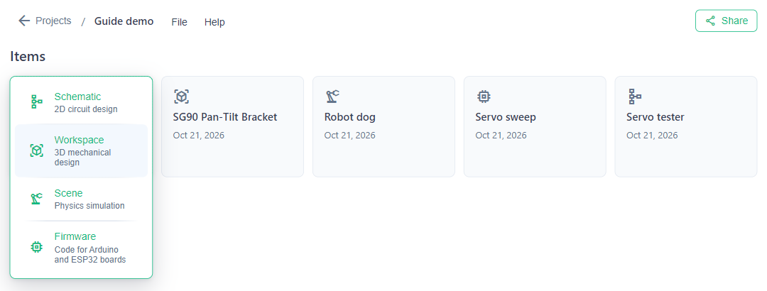 A project page with four items (a pan-tilt bracket workspace, a robot dog scene, a servo sweep firmware and a servo tester schematic) and the New menu open, listing Schematic, Workspace, Scene and Firmware, each with a one-line description