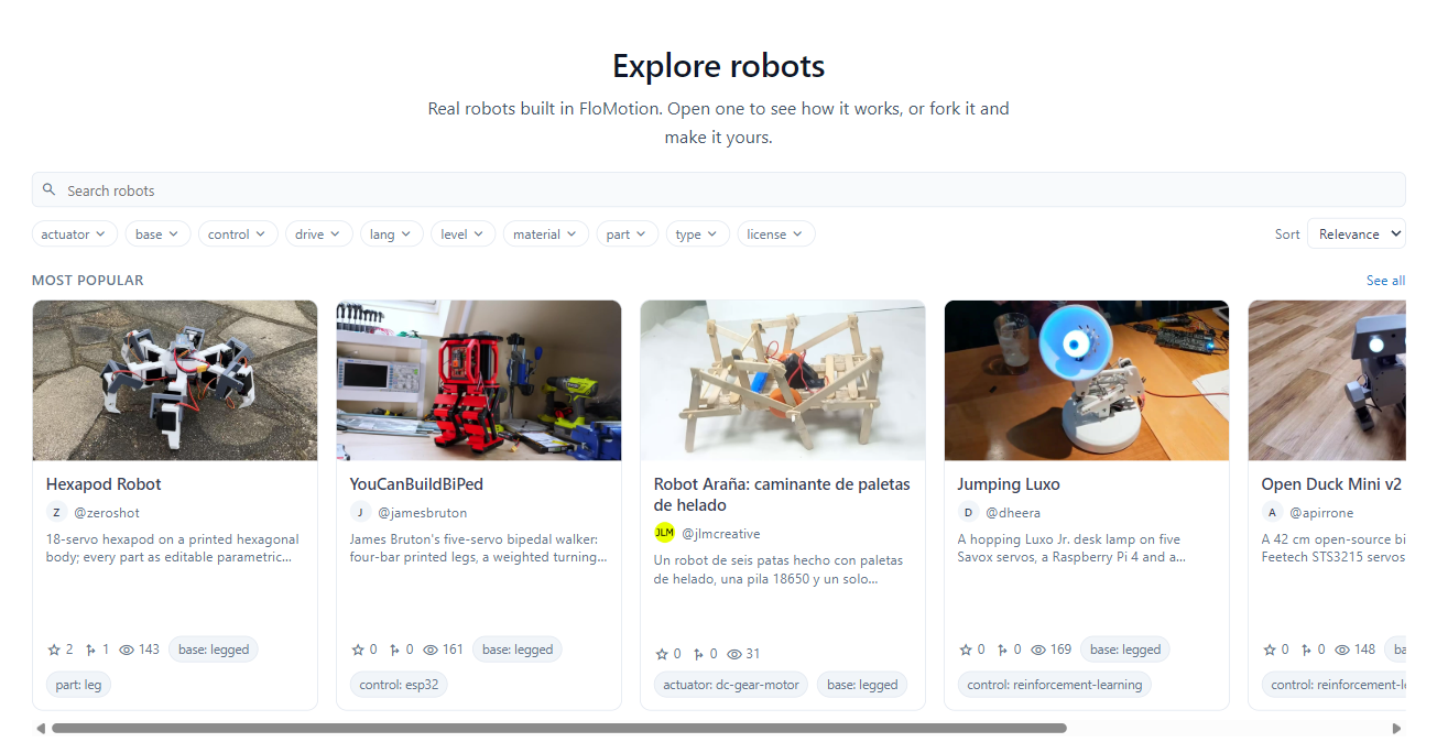The Explore robots wall on the FloMotion homepage, with a search box, filter chips (actuator, base, control, drive, and more), a Sort menu, and a Most popular row of robot cards showing photo, author, summary, stars, forks, views and tags