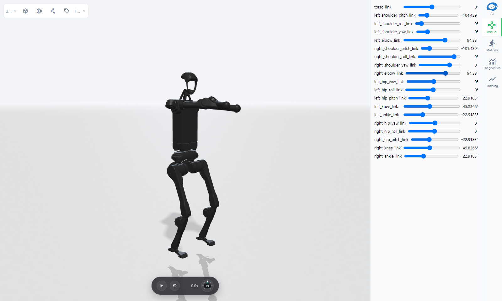 A scene with the Unitree H1 humanoid, paused, both arms raised forward; the Manual tab lists a slider and an angle for every joint (torso, shoulders, elbows, hips, knees, ankles)