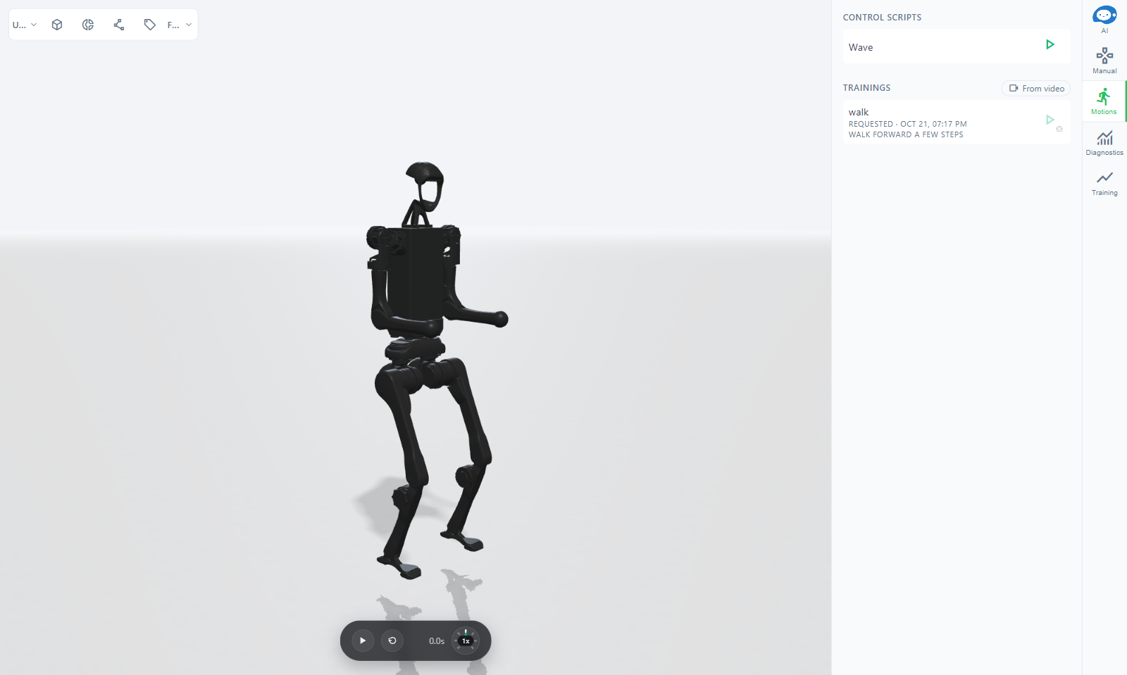 The Motions tab of an H1 scene: under Control scripts, Wave with a play button; under Trainings, walk, requested from the prompt "walk forward a few steps", with the From video button above it
