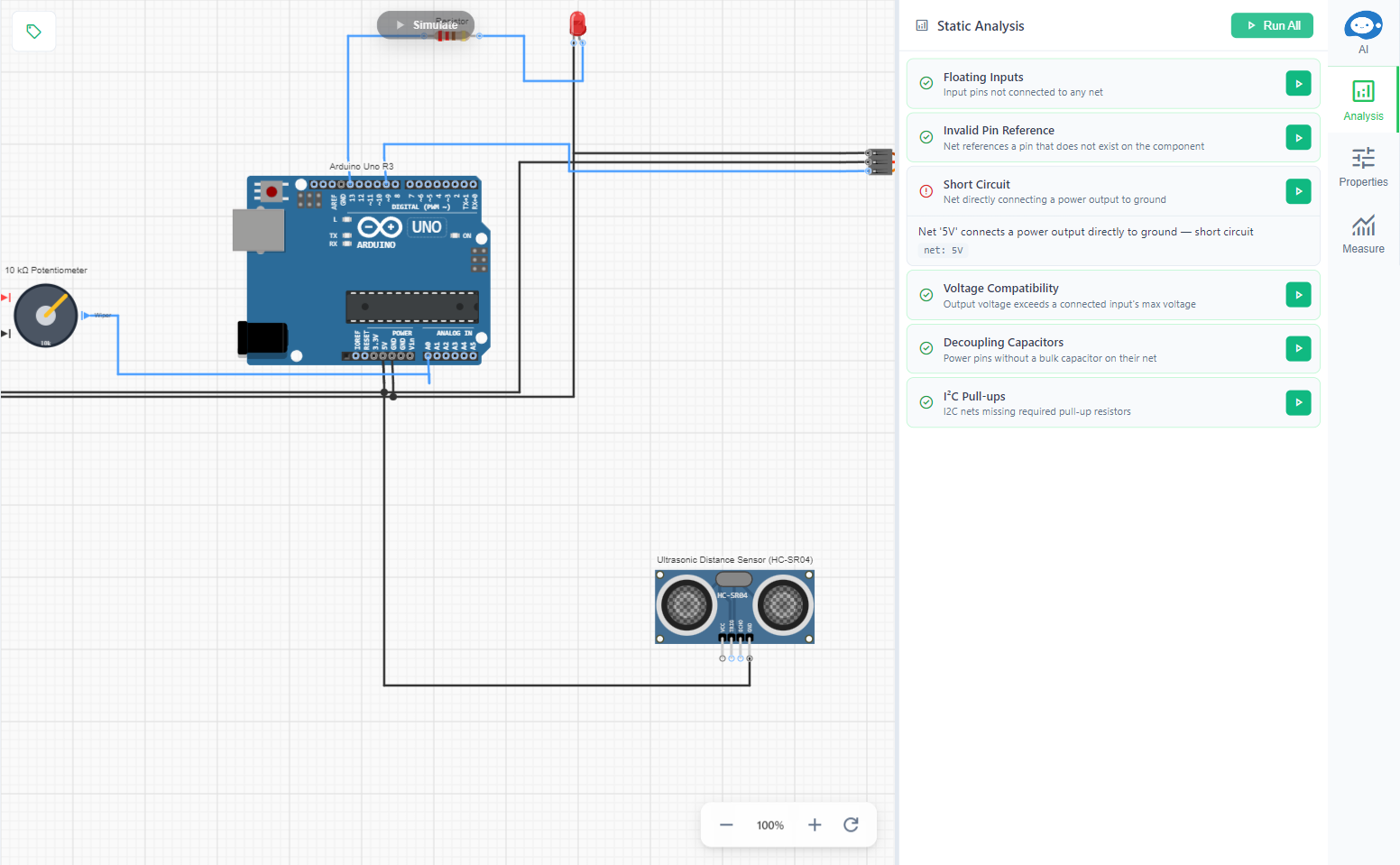 The Static Analysis tab beside a servo tester circuit (an Arduino Uno, a potentiometer, an LED and resistor and an ultrasonic sensor) after Run All: Short Circuit is flagged with "Net 5V connects a power output directly to ground" and the other five checks pass