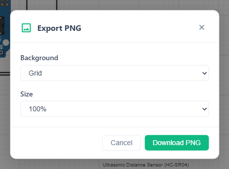 The Export PNG dialog with Background set to Grid, Size set to 100%, and the Download PNG and Cancel buttons