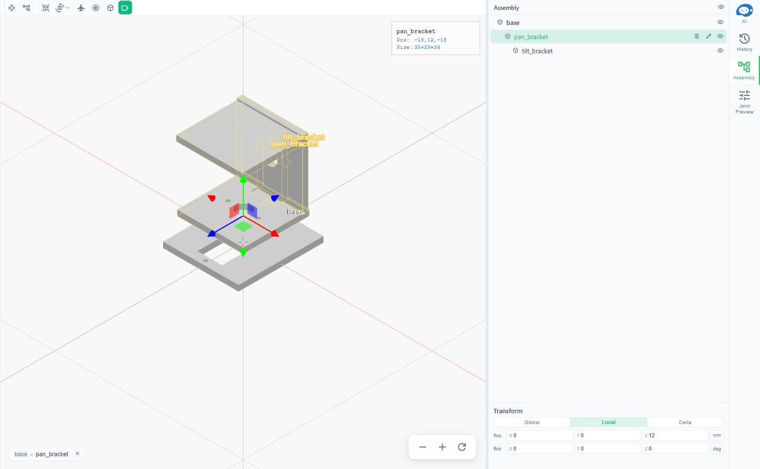 A pan-tilt bracket workspace with pan_bracket selected: the move handles on the part, an info box with its position and size, the Assembly tree (base, pan_bracket, tilt_bracket), the Transform box with Global, Local and Delta and the position and rotation fields, and the breadcrumb base > pan_bracket at the bottom left
