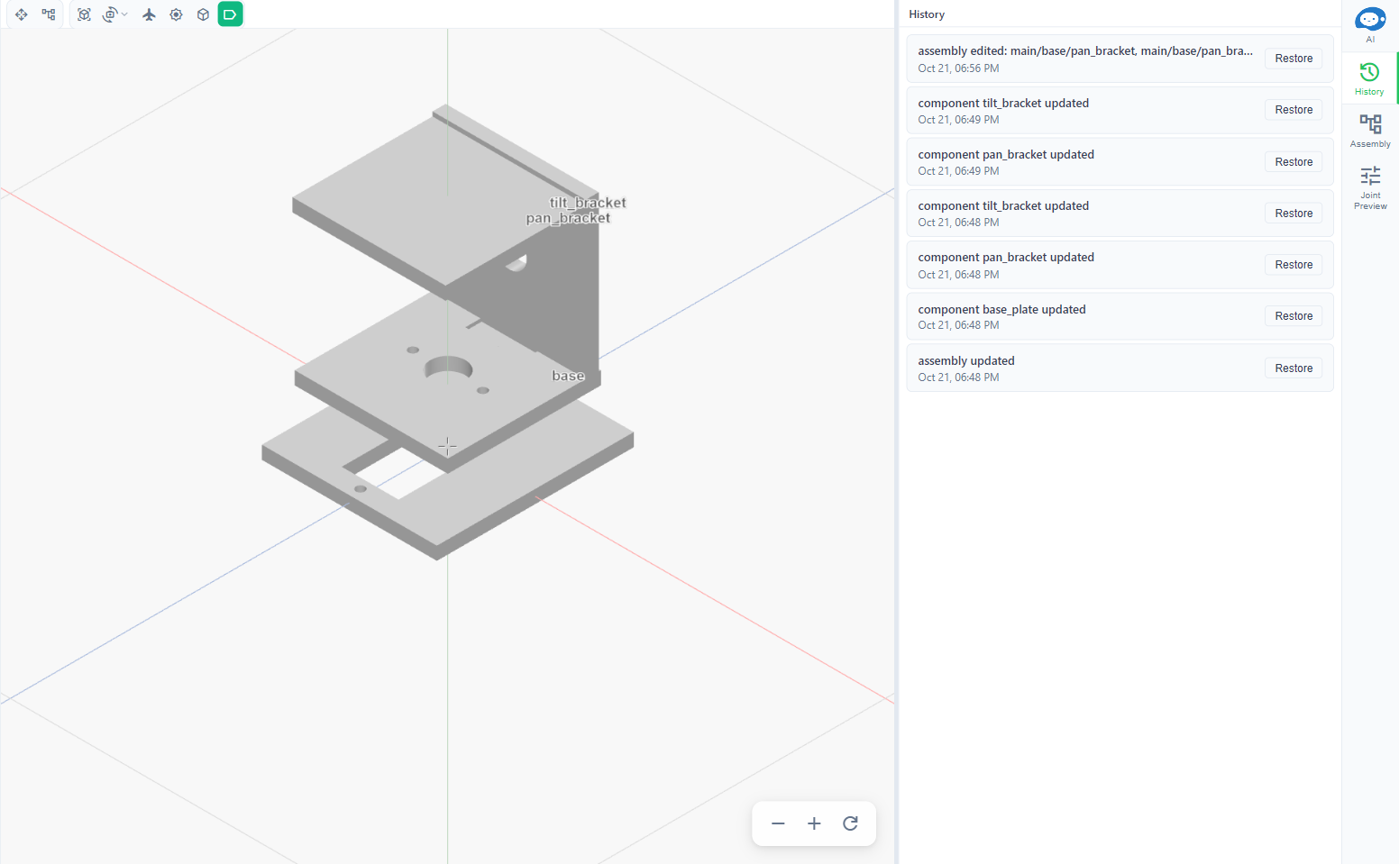 The History tab of a workspace with seven agent checkpoints, newest first (assembly edited, component tilt_bracket updated, component pan_bracket updated, component base_plate updated, assembly updated), each with its date and time and a Restore button