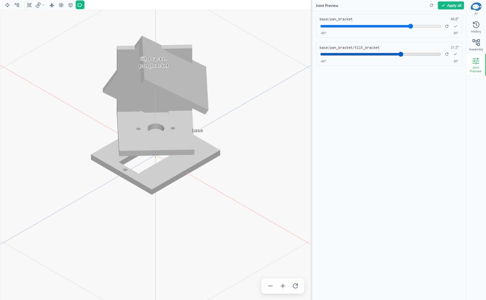 The Joint Preview tab with sliders for the pan joint at 46.8 degrees and the tilt joint at 31.5 degrees; the bracket in the view is turned and tilted to match, and Apply all is at the top
