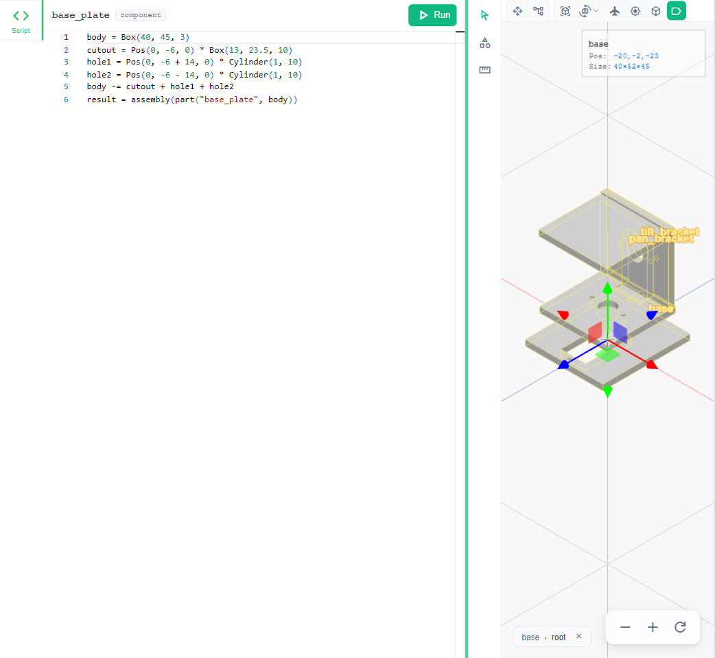 Expert mode on: the Script editor on the left shows the base_plate part's build123d script (Box, Pos, Cylinder and cut-outs) with a Run button, and base_plate is selected in the 3D view