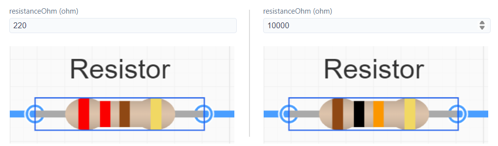 The same resistor at 220 Ω and at 10 kΩ, with the colour bands following the value