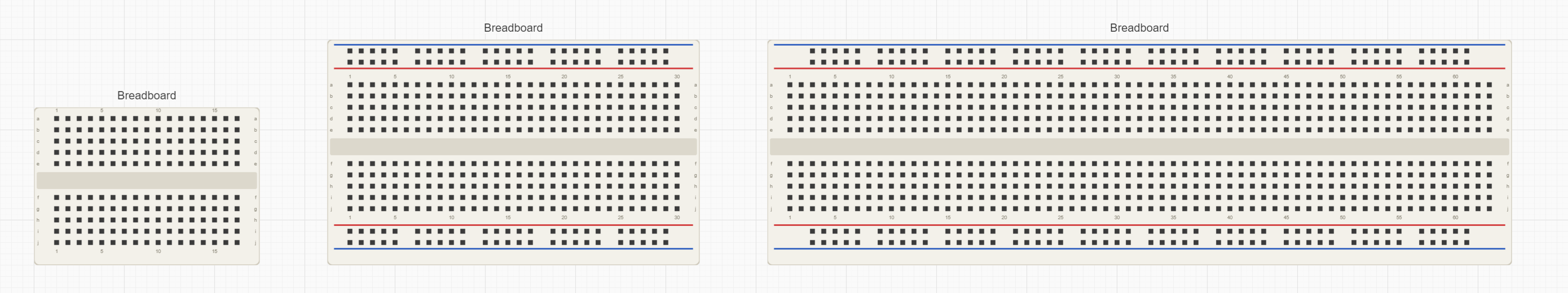 Mini, half and full breadboards