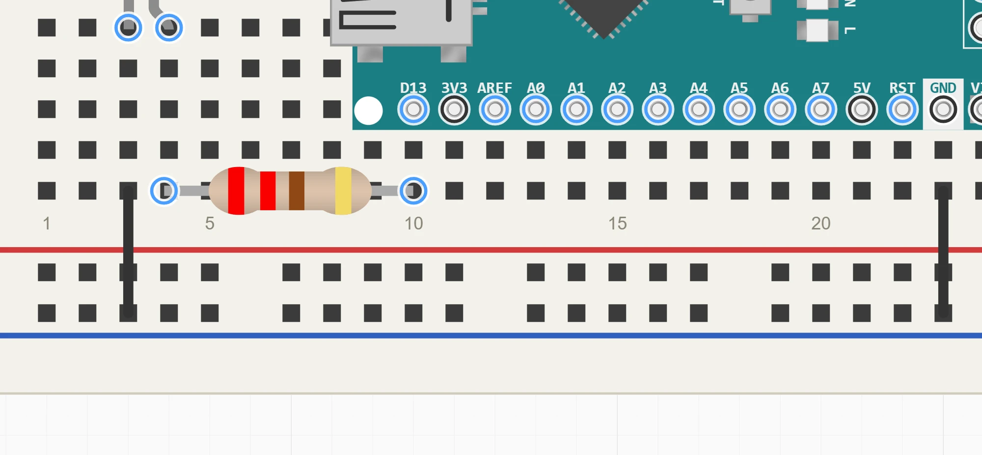 The LED's ground strip and the Nano's GND each connected to the minus rail by a jumper