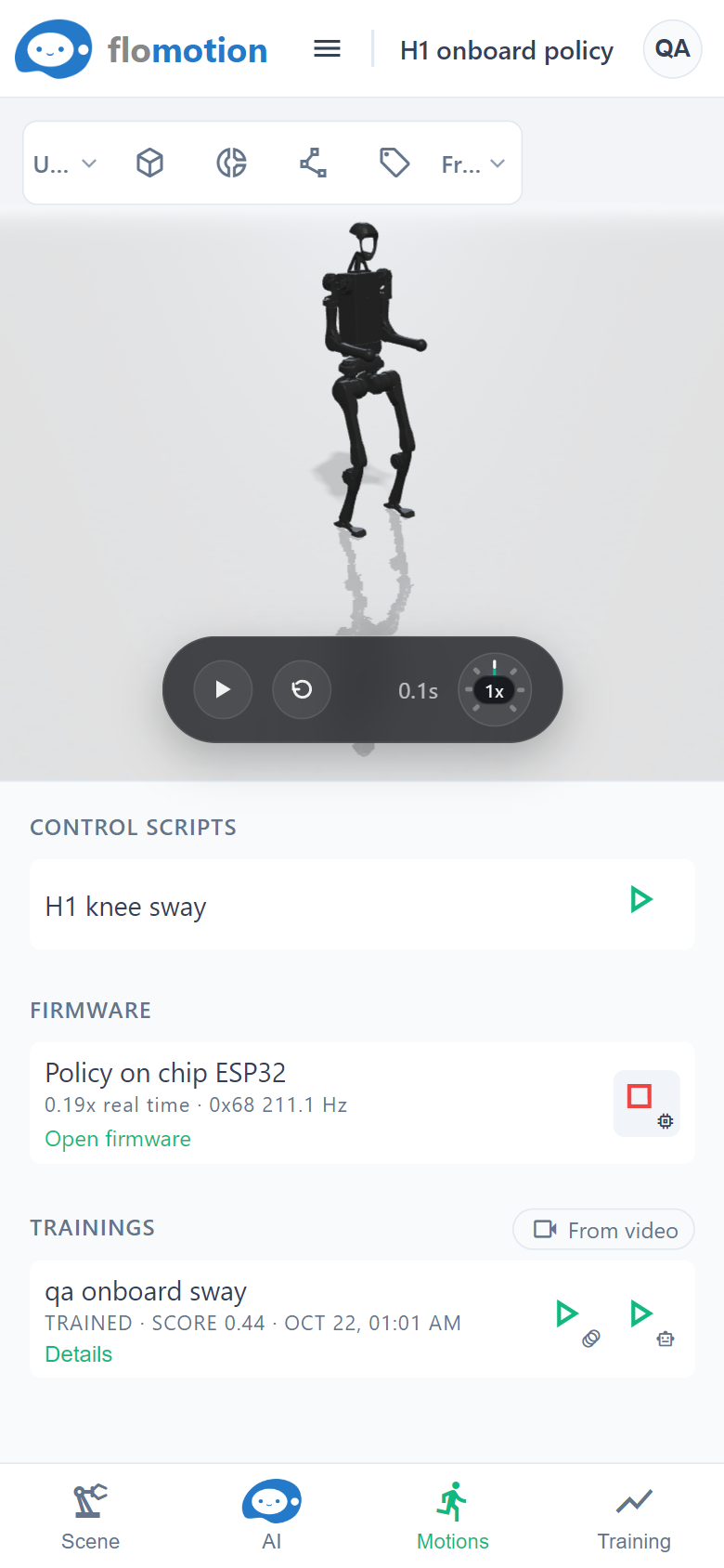 The H1 scene on a phone running the ESP32 firmware with the policy in flash. The Firmware row shows the chip's speed against real time and the rate of its I2C transactions at 0x68