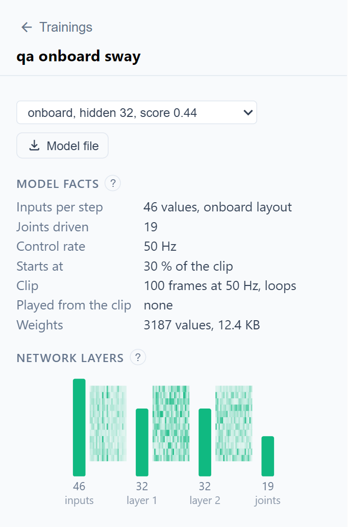 The model details opened from Details: the model picker, the Model file download, the model facts and the network layers of a 46 input, 32 by 32, 19 joint policy