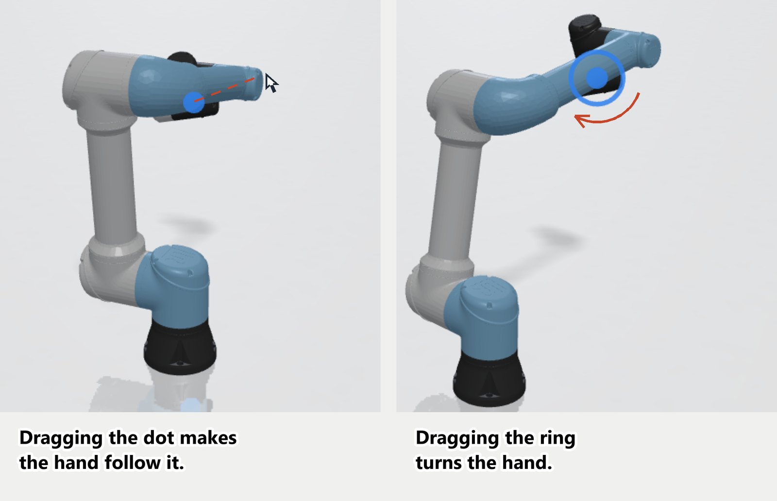 While a scene plays, dragging the dot of a reach handle moves the hand, and dragging the ring turns it