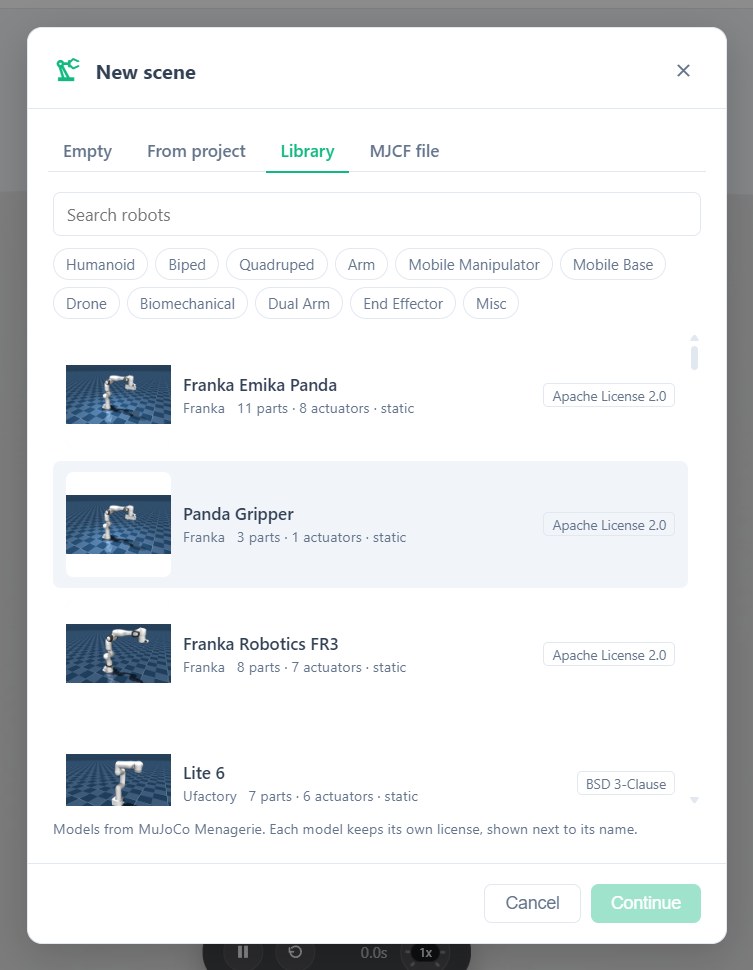 The MuJoCo Menagerie tab when creating a scene, with type filters, search, and the license shown next to each model