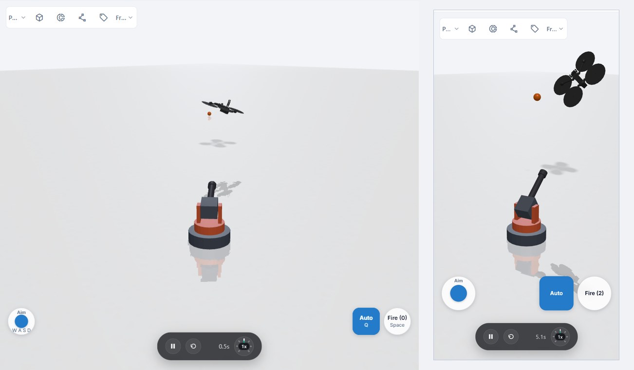 The same pad on a desktop and on a phone. On touch screens the widgets are larger and the key hints are hidden.