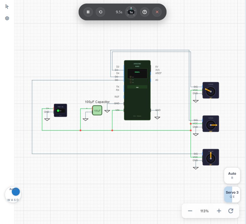 Three servos in a circuit simulation, set by an on-screen joystick and slider