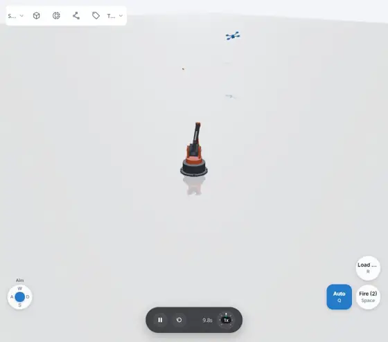 A spring plunger turret leads a moving drone and releases when the barrel lines up. Hits knock the drone off its course.